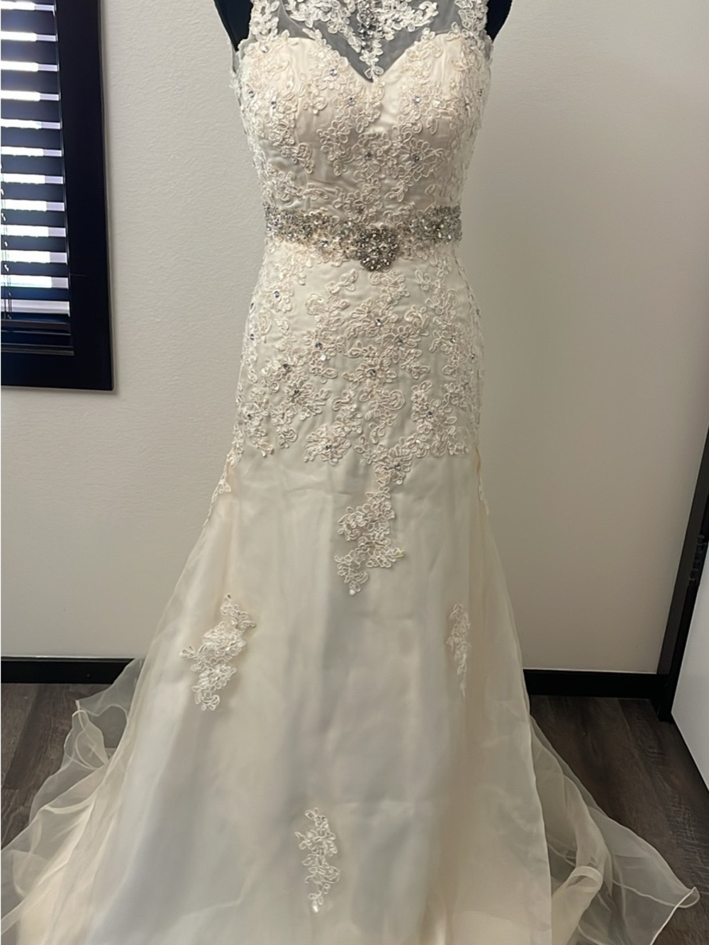 Ivory Lace Appliqué A-Line Wedding Dress with Beaded Waist